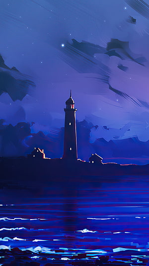 Stylized Digital Painting of a Coastal Lighthouse at Night with Starry Sky and Reflective Water HD phone wallpaper