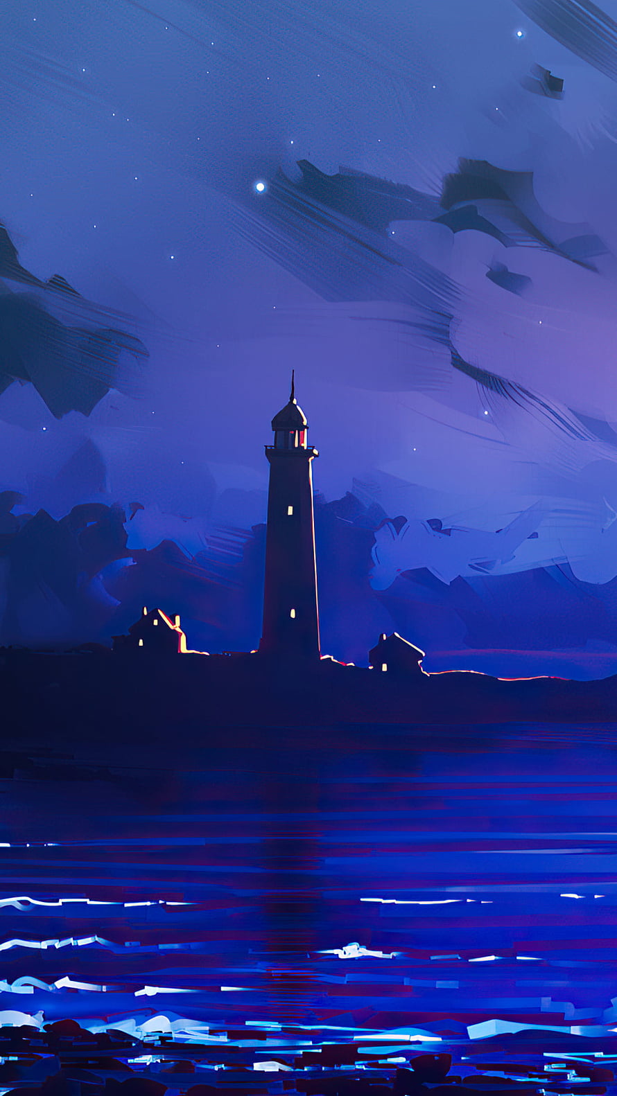 Stylized Digital Painting of a Coastal Lighthouse at Night with Starry Sky and Reflective Water HD phone wallpaper