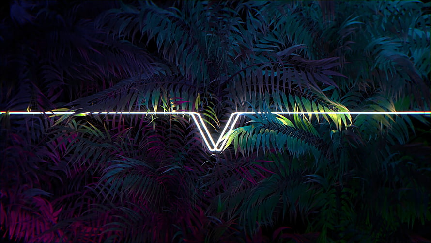Neon V Logo Glowing Through Dark Tropical Jungle Leaves HD wallpaper