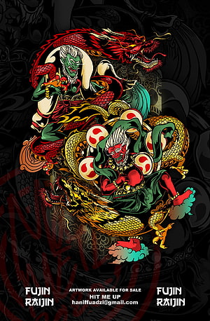 Fujin and Raijin Japanese Wind and Thunder Deities with Dragon Illustration HD phone wallpaper