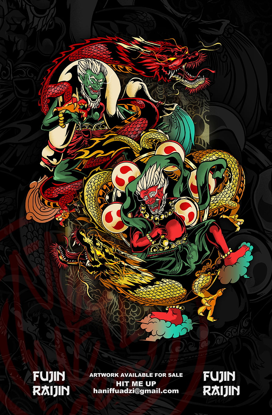 Fujin and Raijin Japanese Wind and Thunder Deities with Dragon Illustration HD phone wallpaper