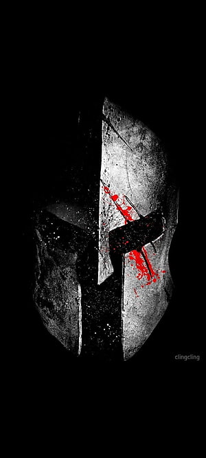 Spartan War Helmet with Red Blood Splatter on Black Background HD phone wallpaper