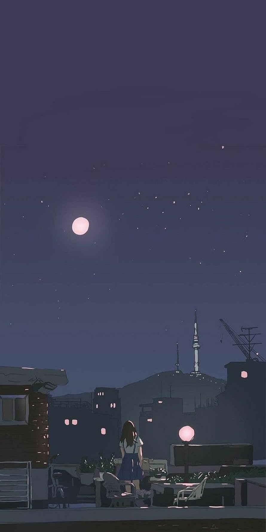 Anime Girl Gazing at Full Moon Over City Rooftop at Night HD phone wallpaper