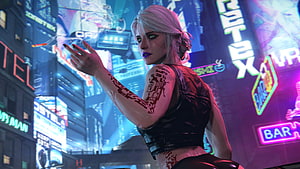 Cyberpunk 2077 Female Character with Circuit Tattoos in Neon City HD wallpaper