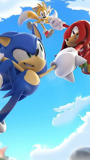 Sonic the Hedgehog, Tails, and Knuckles Flying Through a Bright Blue Sky HD phone wallpaper
