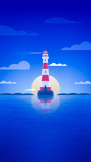 Minimalist Lighthouse on Ocean with Setting Sun and Clouds HD phone wallpaper