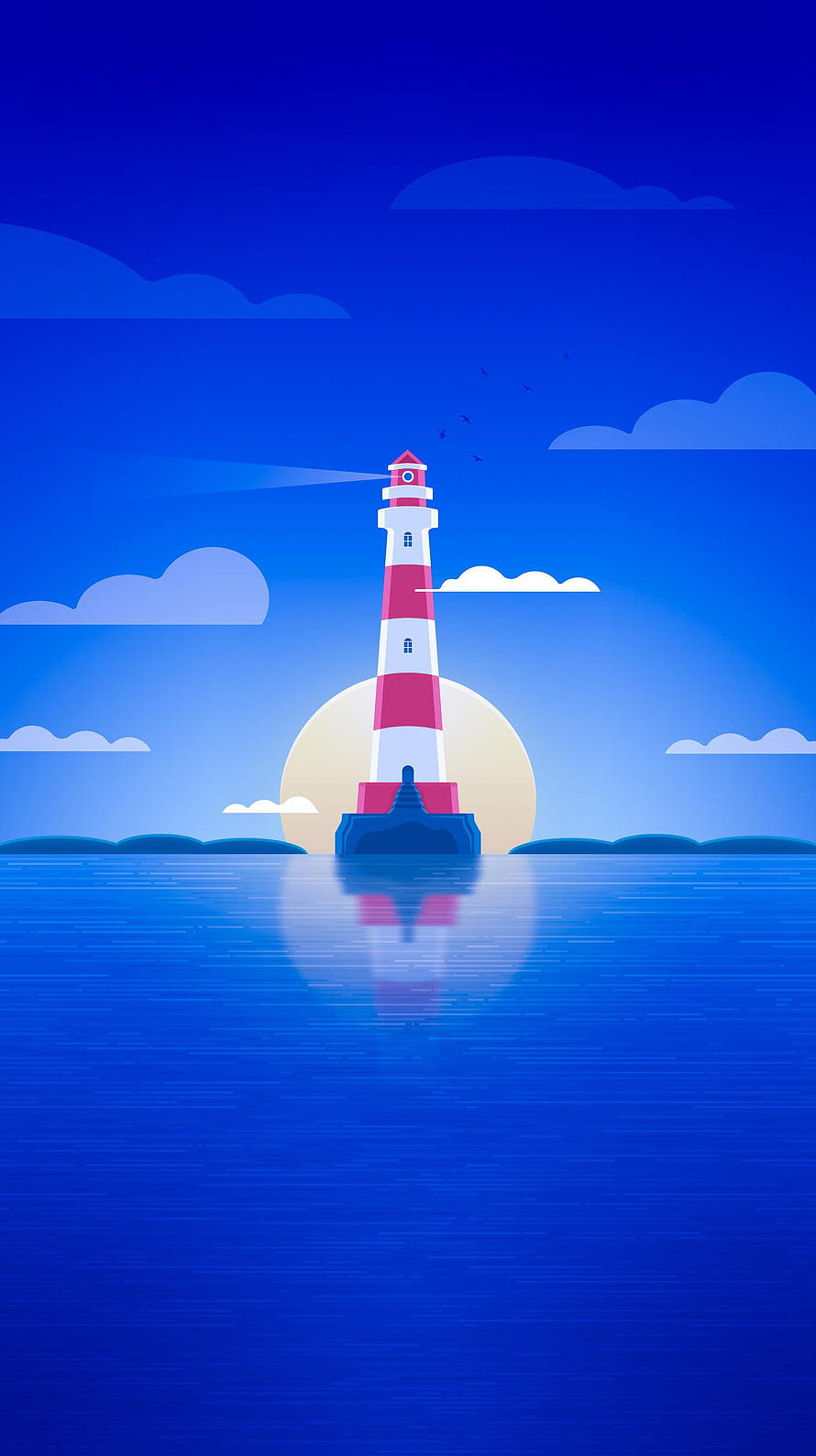 Minimalist Lighthouse on Ocean with Setting Sun and Clouds HD phone wallpaper
