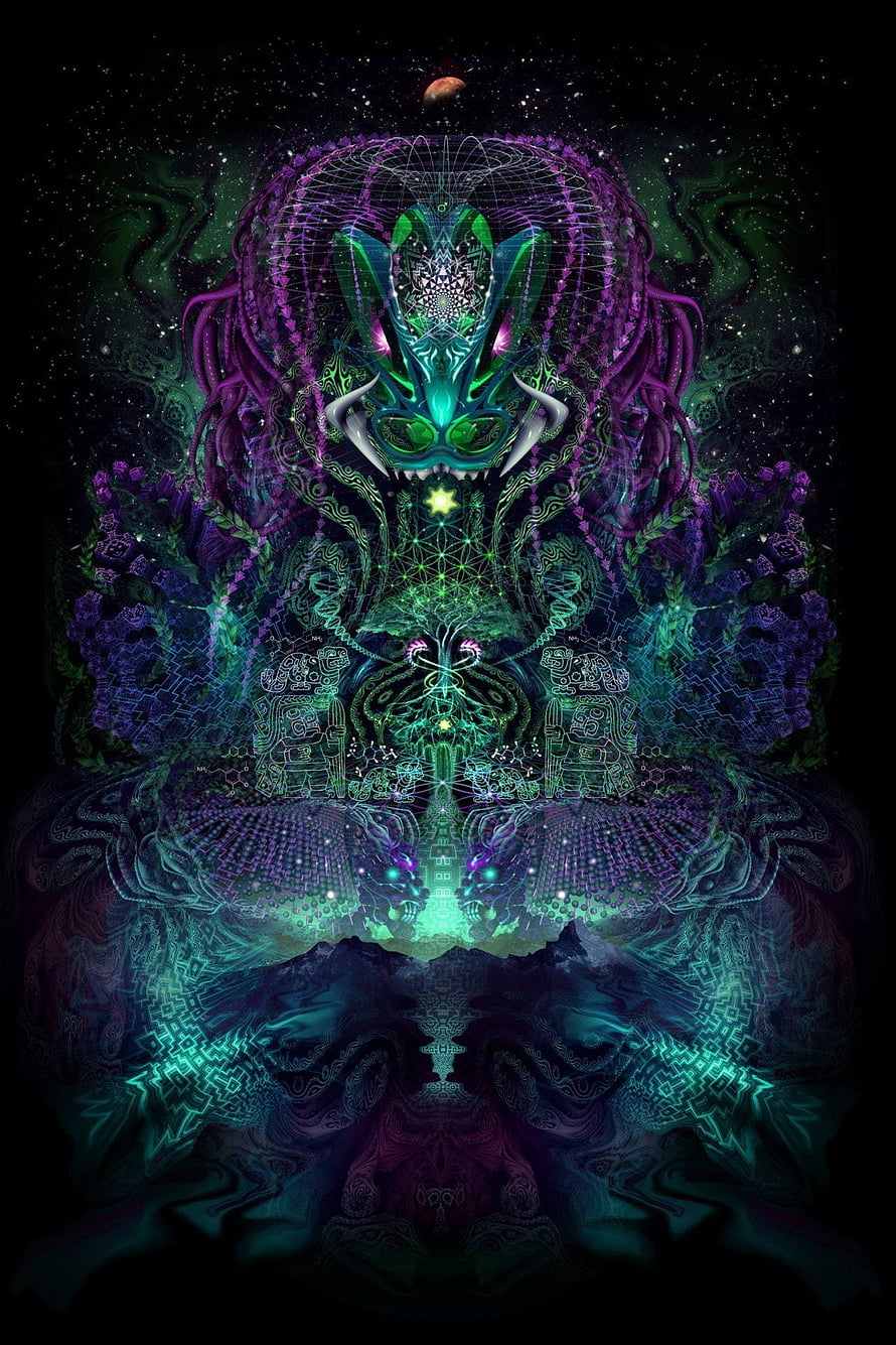 Psychedelic DMT Trip Artwork with Neon Green and Purple Fractal Patterns HD phone wallpaper