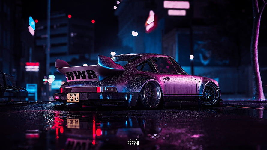 RWB Porsche 911 Widebody in Neon Lit Rainy Night City Street HD wallpaper