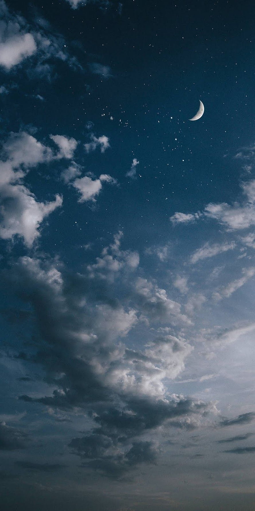 Crescent Moon and Starry Night Sky with Dramatic Clouds HD phone wallpaper