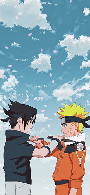 Naruto and Sasuke Sharing a Moment Under Blue Sky With Falling Cherry Blossoms HD phone wallpaper