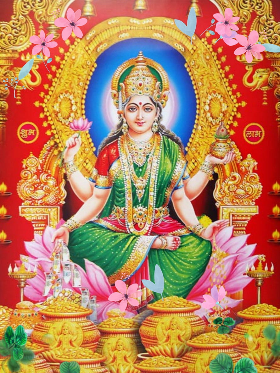 Goddess Lakshmi Seated on Lotus with Gold Coins and Flowers HD phone wallpaper