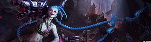 Jinx from League of Legends with blue braided hair and massive weapon in dark industrial setting HD wallpaper