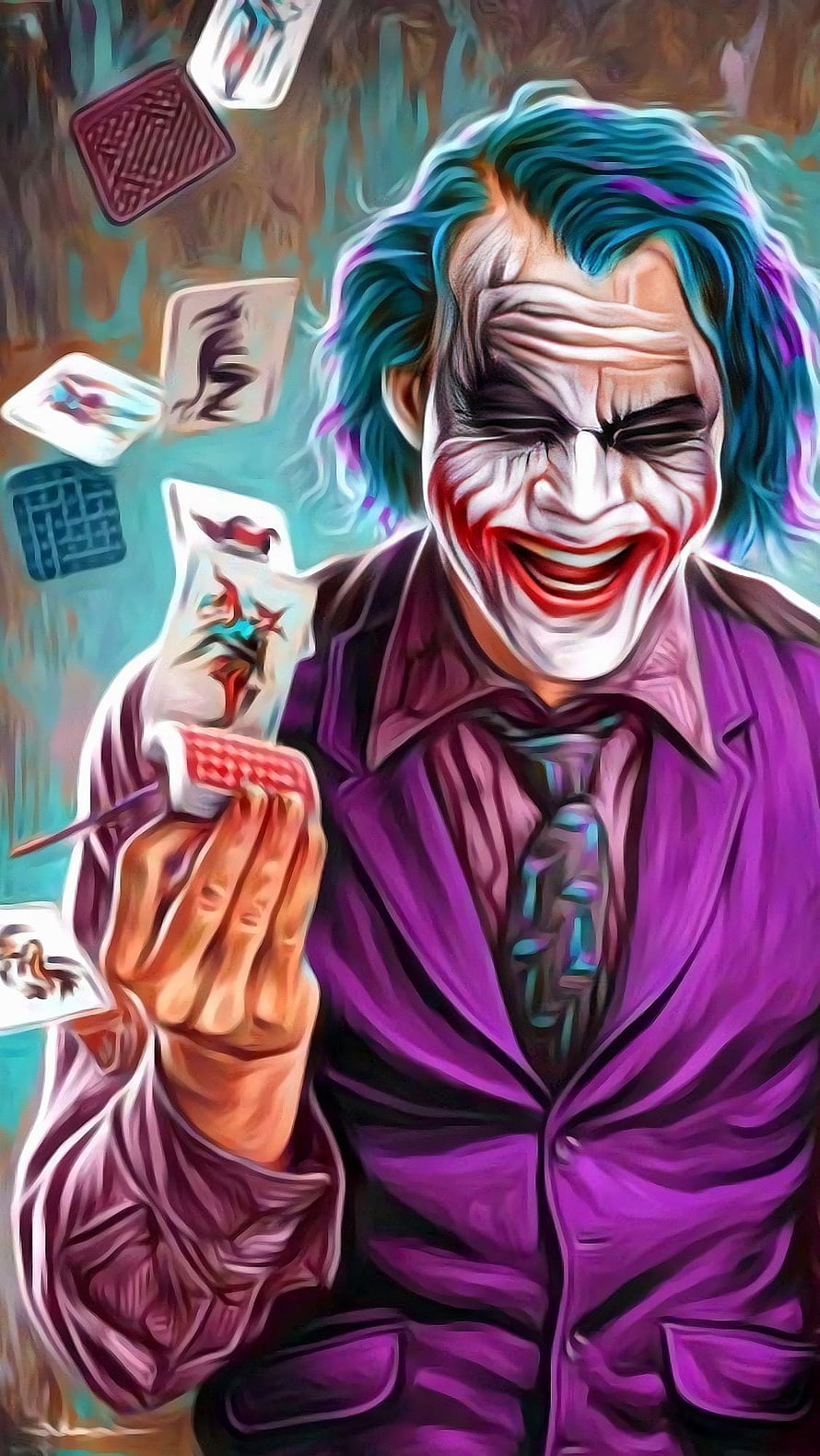 Joker in Purple Suit Holding Playing Cards Digital Art Portrait HD phone wallpaper