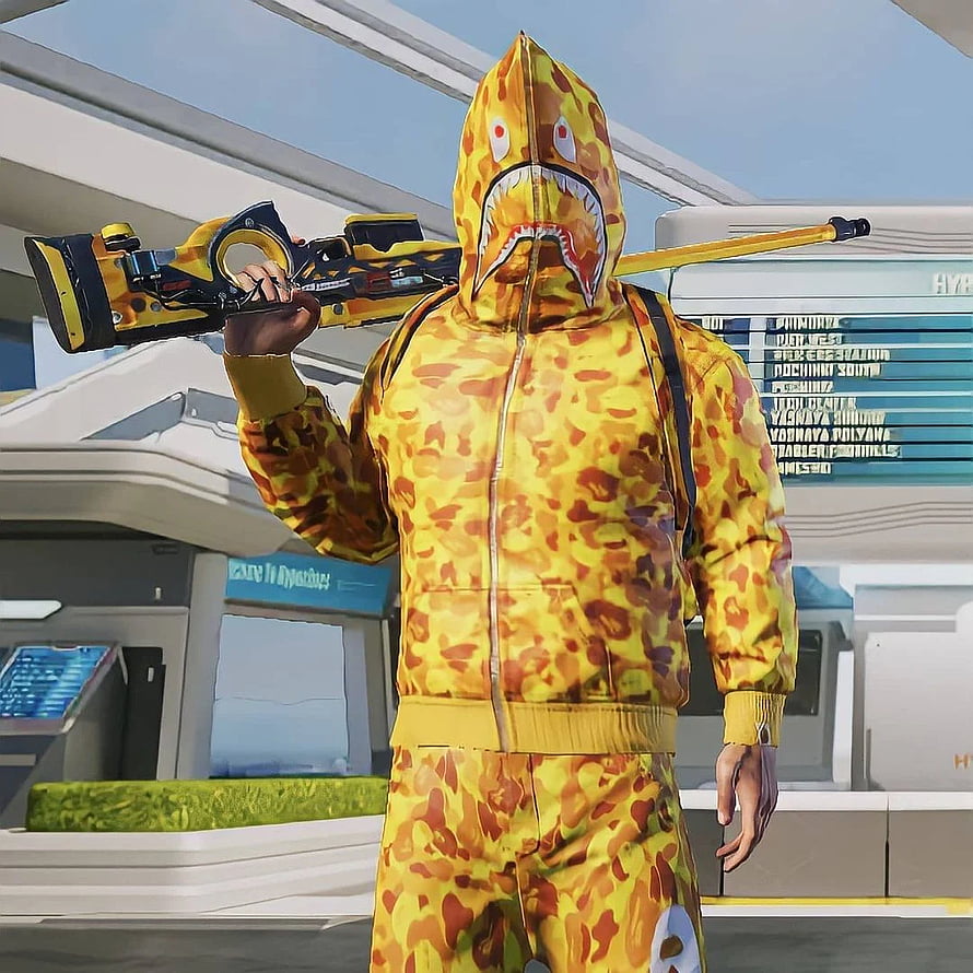 Valorant Agent in Yellow Shark Hoodie Outfit Holding Sniper Rifle HD phone wallpaper