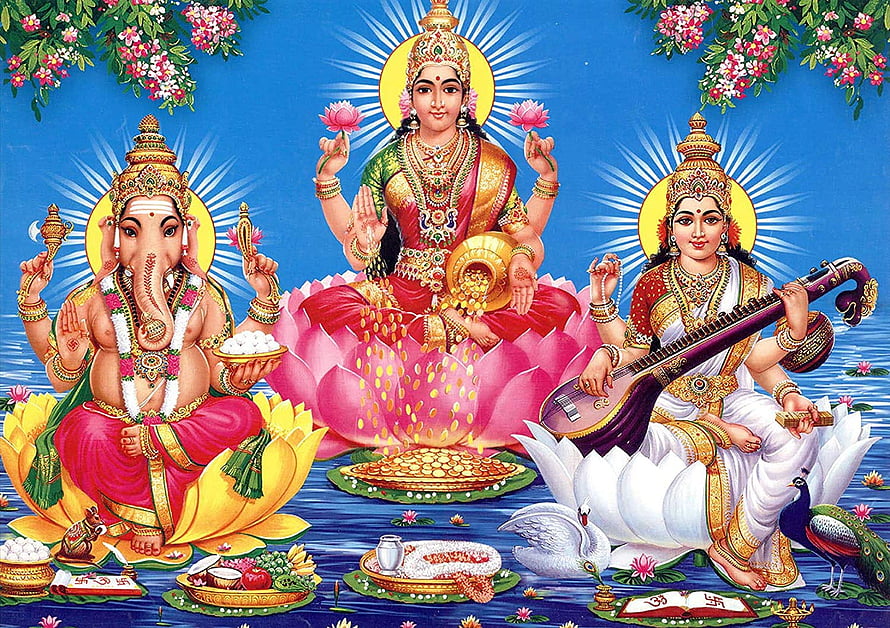 Ganesha Lakshmi Saraswati Hindu Deities Sitting on Lotus Flowers HD wallpaper