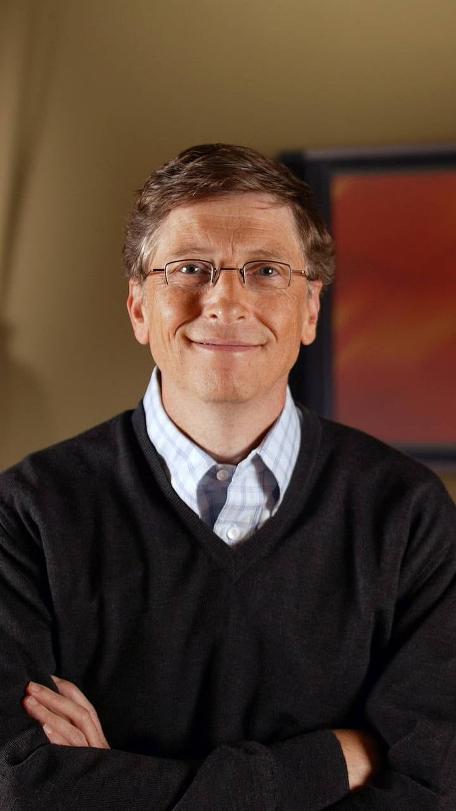 Bill Gates Professional Portrait in Dark V-Neck Sweater and Glasses HD phone wallpaper