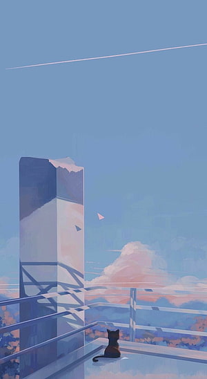 Serene Rooftop Cat Gazing at Pastel Sky and Geometric Tower in Lofi Anime Style HD phone wallpaper