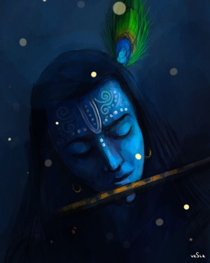 Lord Krishna Playing Flute in Dark Blue Digital Art with Peacock Feather HD phone wallpaper