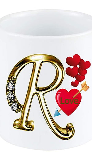 White Mug With Golden Letter R Initial And Red Love Hearts Design HD phone wallpaper