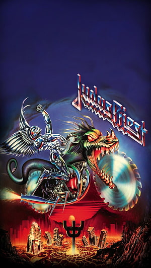 Judas Priest Heavy Metal Album Artwork with Mechanical Dragon and Apocalyptic Cityscape HD phone wallpaper