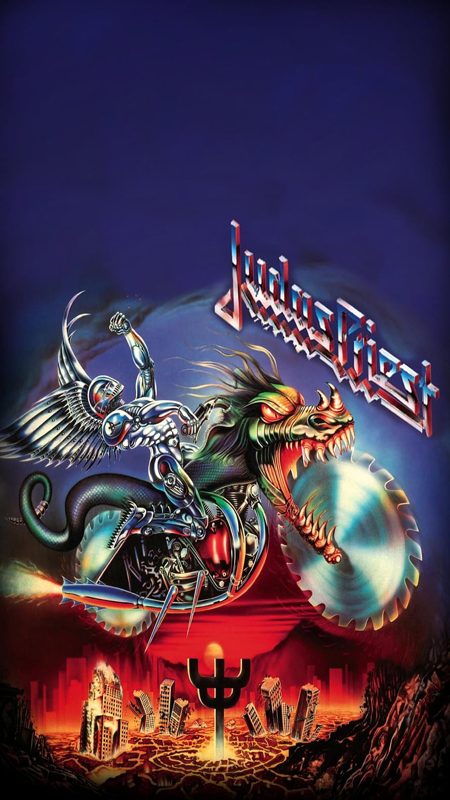 Judas Priest Heavy Metal Album Artwork with Mechanical Dragon and Apocalyptic Cityscape HD phone wallpaper