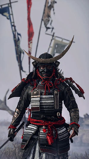 Samurai Warrior in Black Armor with Red Accents and Horned Helmet HD phone wallpaper