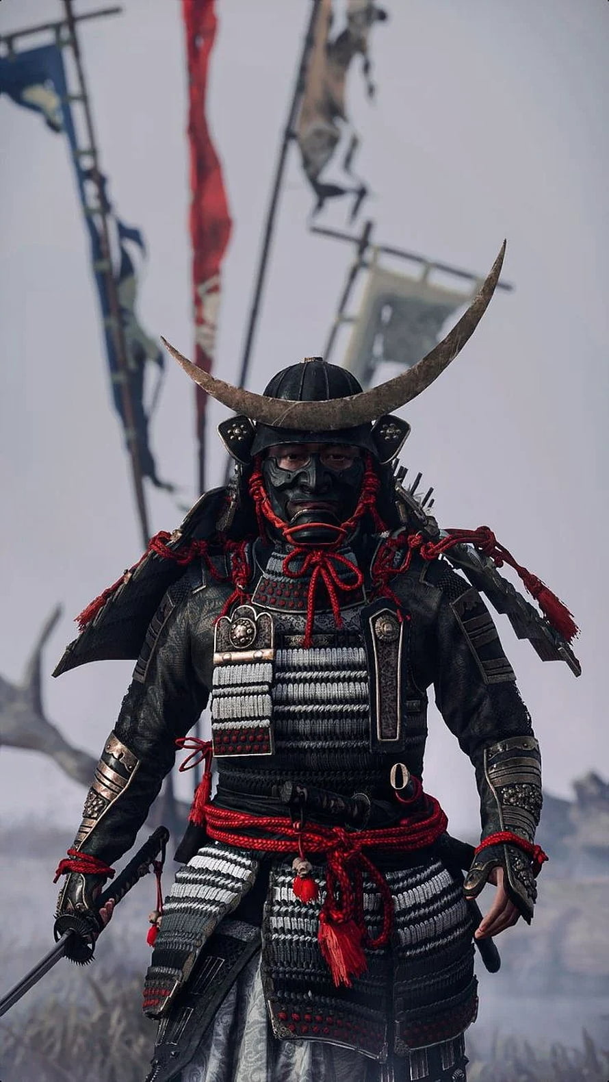 Samurai Warrior in Black Armor with Red Accents and Horned Helmet HD phone wallpaper