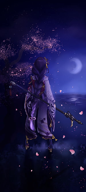 Raiden Shogun Genshin Impact Anime Wallpaper Under Cherry Blossom Tree HD phone wallpaper