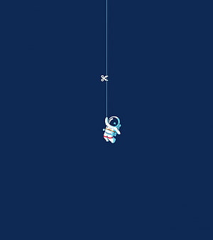 Cute Astronaut Hanging From String With Scissors Above Minimalist Blue Space Wallpaper HD phone wallpaper