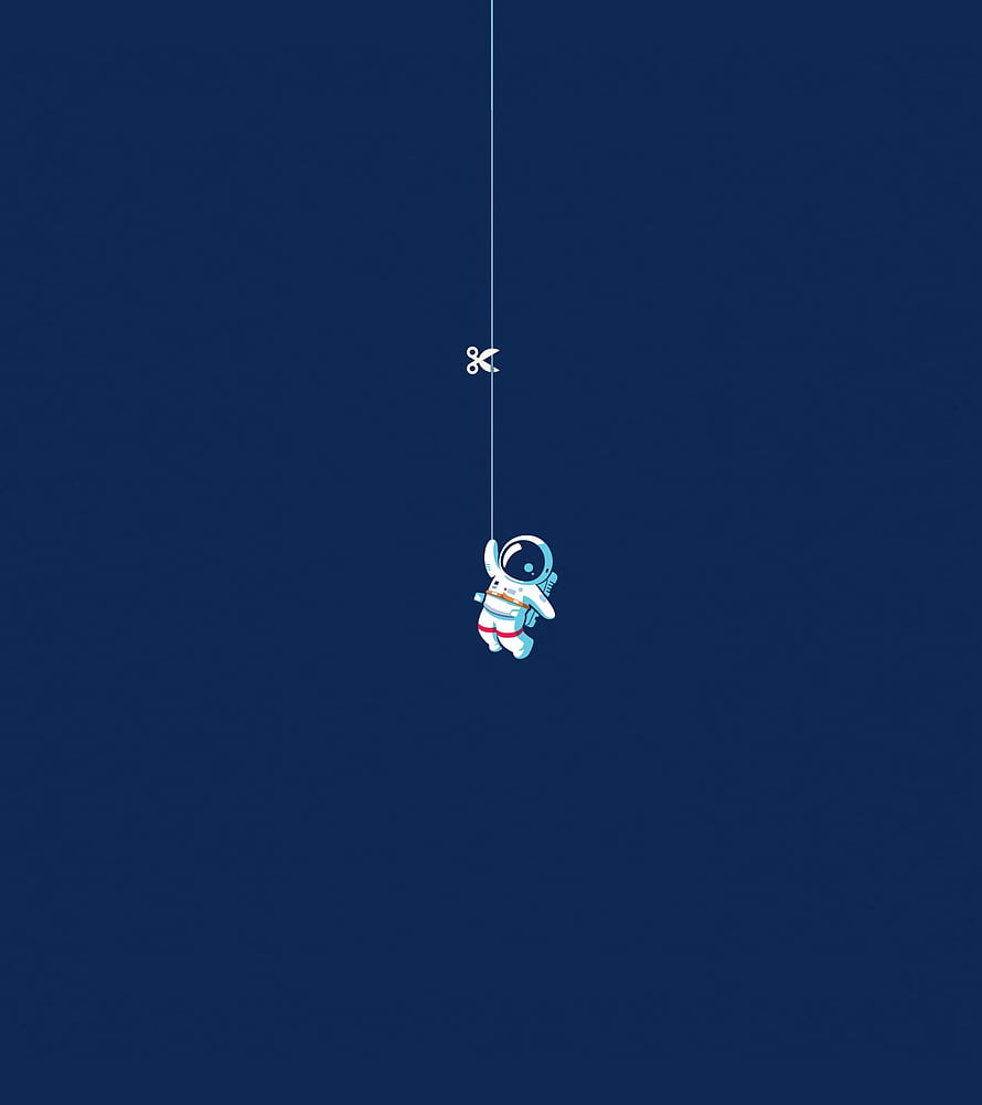Cute Astronaut Hanging From String With Scissors Above Minimalist Blue Space Wallpaper HD phone wallpaper