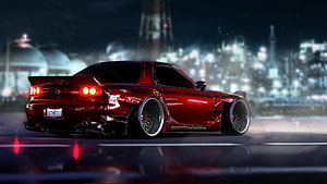 Red Mazda RX-7 FD3S Widebody Stance in Night City Rain HD wallpaper