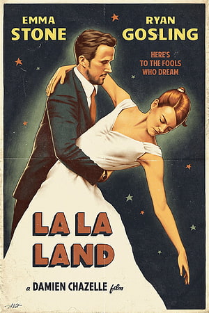 La La Land Vintage Movie Poster Featuring Emma Stone and Ryan Gosling Dancing Under Stars HD phone wallpaper