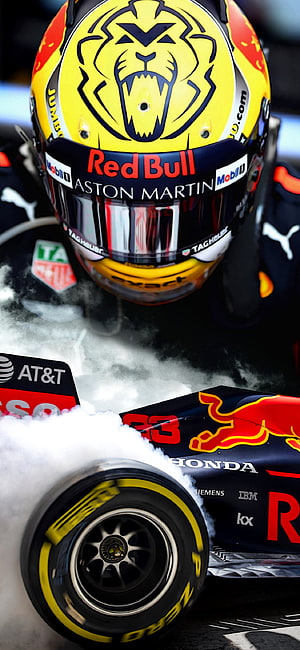 Max Verstappen Red Bull Racing Helmet and F1 Car with Smoke HD phone wallpaper