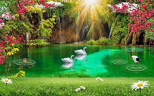 Serene Green Lake with Waterfalls, Swans, and Cranes in a Lush Garden HD wallpaper