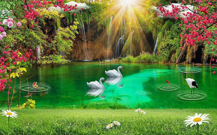 Serene Green Lake with Waterfalls, Swans, and Cranes in a Lush Garden HD wallpaper