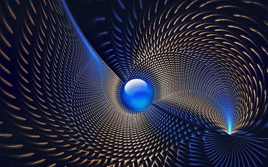 Abstract Blue Sphere in Golden Spiral Tunnel Digital Art Wallpaper HD wallpaper