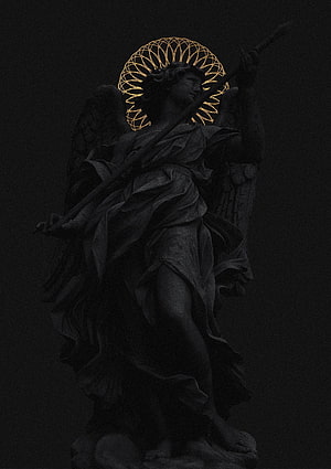 Dark Baroque Angel Statue with Golden Wire Halo and Spear HD phone wallpaper