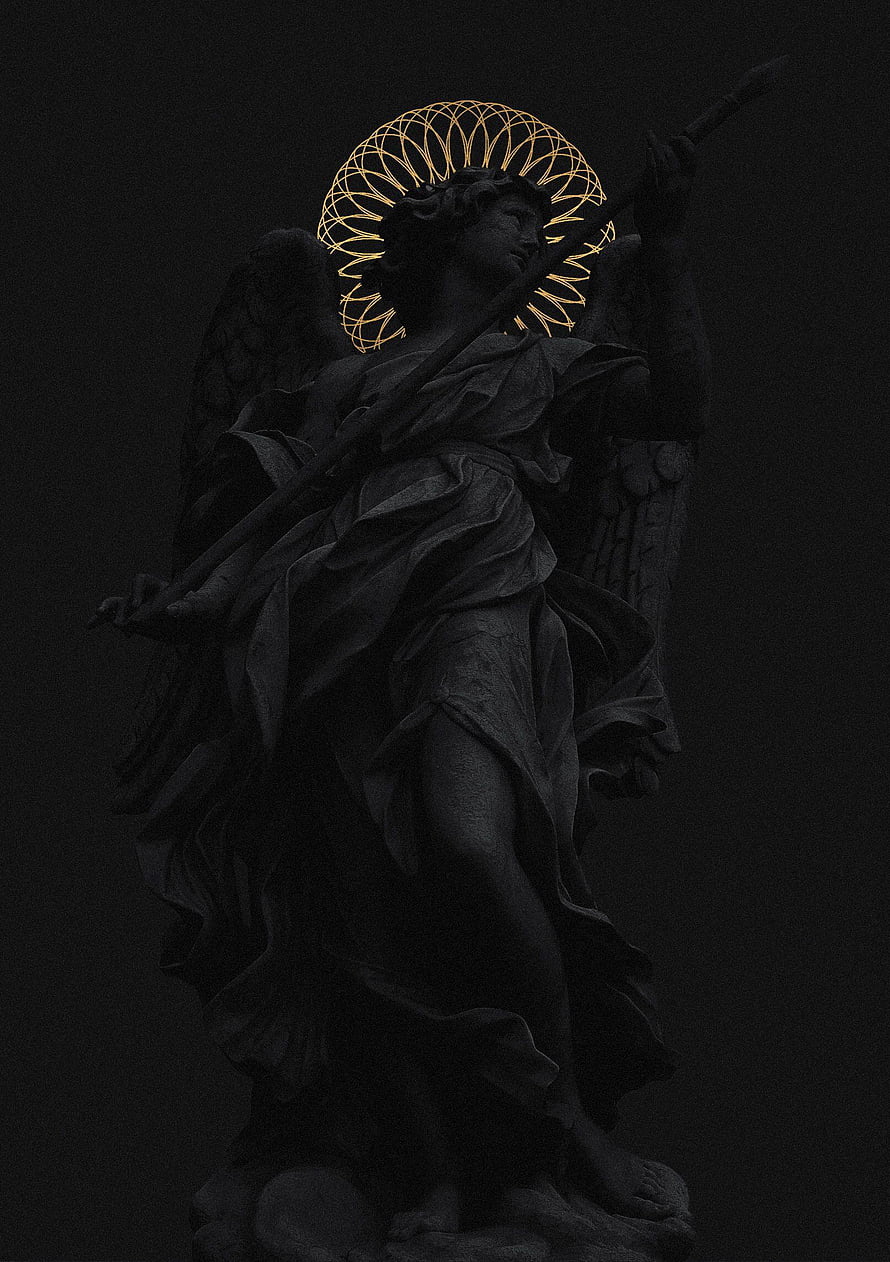 Dark Baroque Angel Statue with Golden Wire Halo and Spear HD phone wallpaper