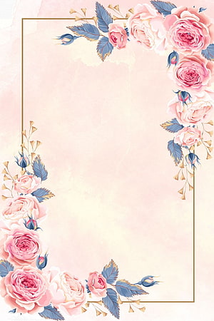 Elegant Pink Rose Floral Border with Blue Leaves and Gold Frame on Soft Pastel Background HD phone wallpaper