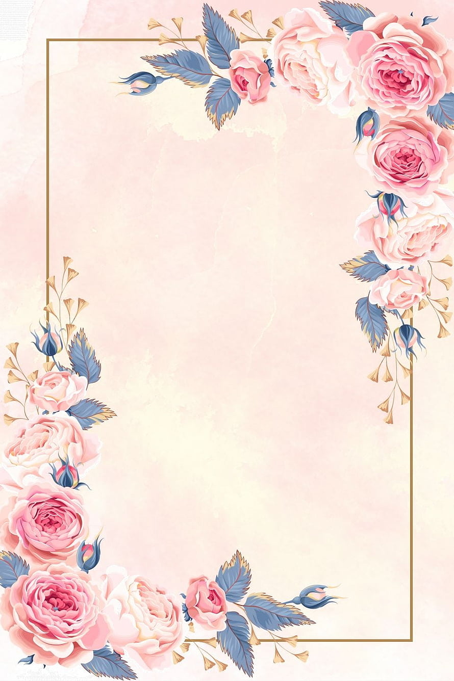 Elegant Pink Rose Floral Border with Blue Leaves and Gold Frame on Soft Pastel Background HD phone wallpaper