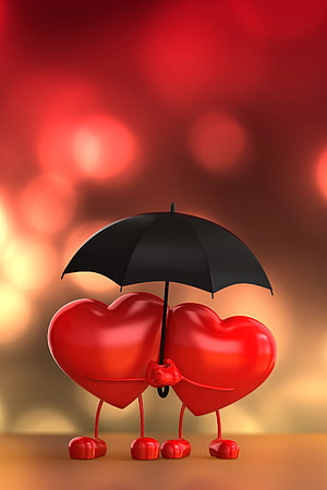 Cute 3D Red Hearts Holding Black Umbrella Together Against Bokeh Background HD phone wallpaper