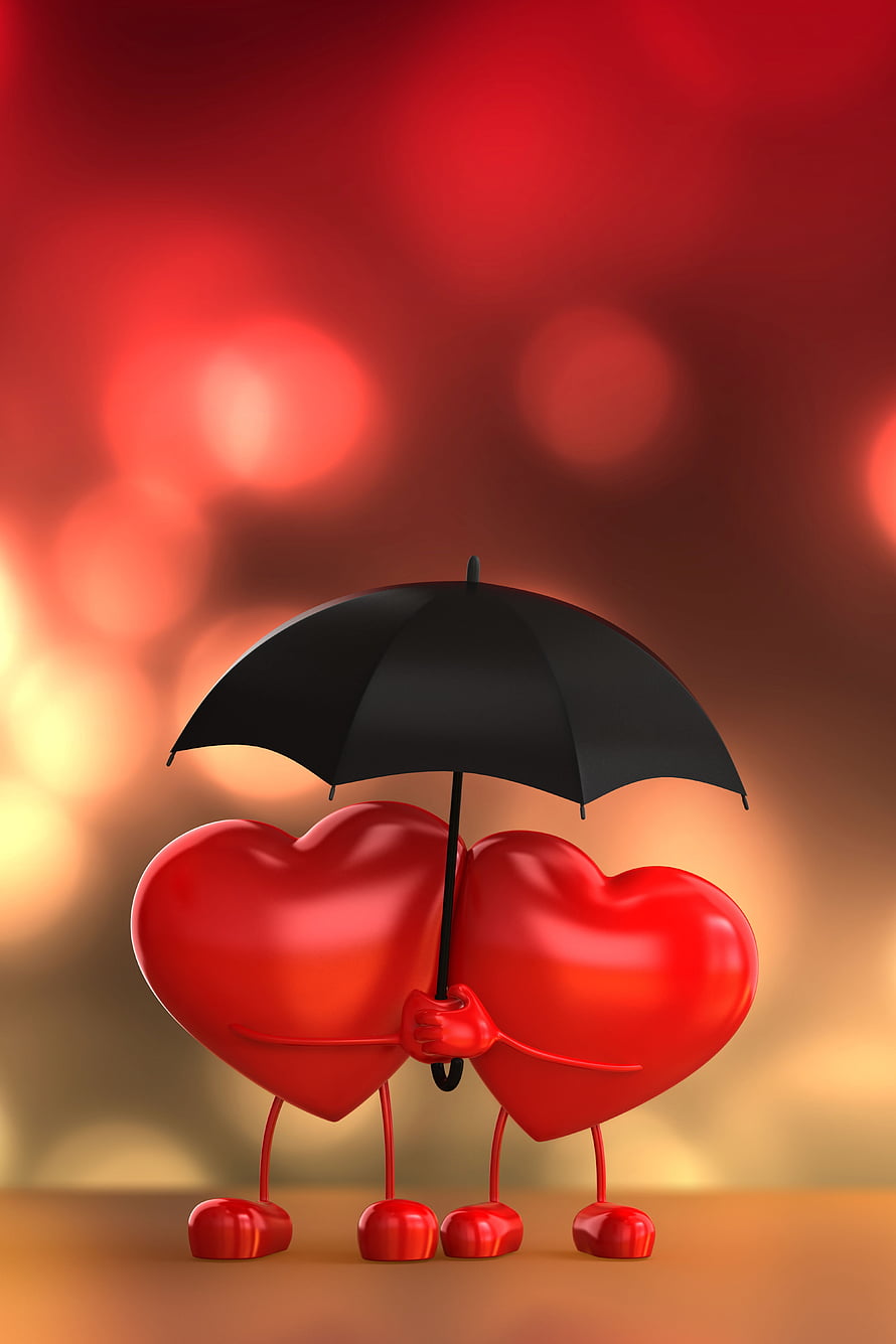 Cute 3D Red Hearts Holding Black Umbrella Together Against Bokeh Background HD phone wallpaper
