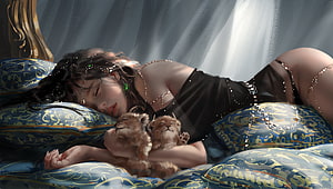 Sleeping Woman With Kittens On Blue Patterned Bed, :), black, leu, frumusete, cub, art, gorgeous, cute, lion, eolian, superb, wlop, fantasy, ghostbkade, princess, sleep HD wallpaper