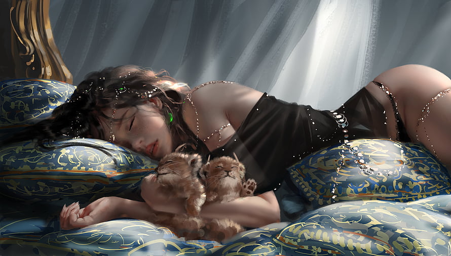 Sleeping Woman With Kittens On Blue Patterned Bed, :), black, leu, frumusete, cub, art, gorgeous, cute, lion, eolian, superb, wlop, fantasy, ghostbkade, princess, sleep HD wallpaper