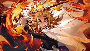 Kyojuro Rengoku Wielding Nichirin Sword Surrounded by Flames HD wallpaper