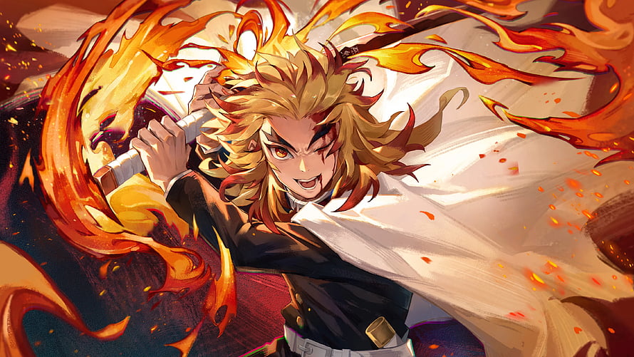 Kyojuro Rengoku Wielding Nichirin Sword Surrounded by Flames HD wallpaper