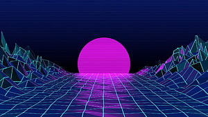 Retro 80s Synthwave Landscape With Neon Grid And Pink Sun HD wallpaper