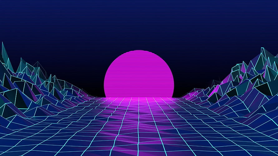 Retro 80s Synthwave Landscape With Neon Grid And Pink Sun HD wallpaper