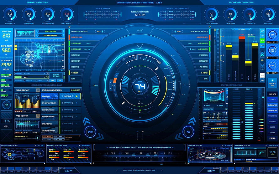 Futuristic Sci-Fi Spaceship Dashboard Interface with Blue Holographic HUD Elements HD wallpaper